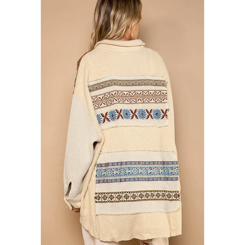 POL Beige Tan Mixed Knit Sweater Shirt | Oversized Luxe Neutral Boho Jacket - Picture 4 of 8